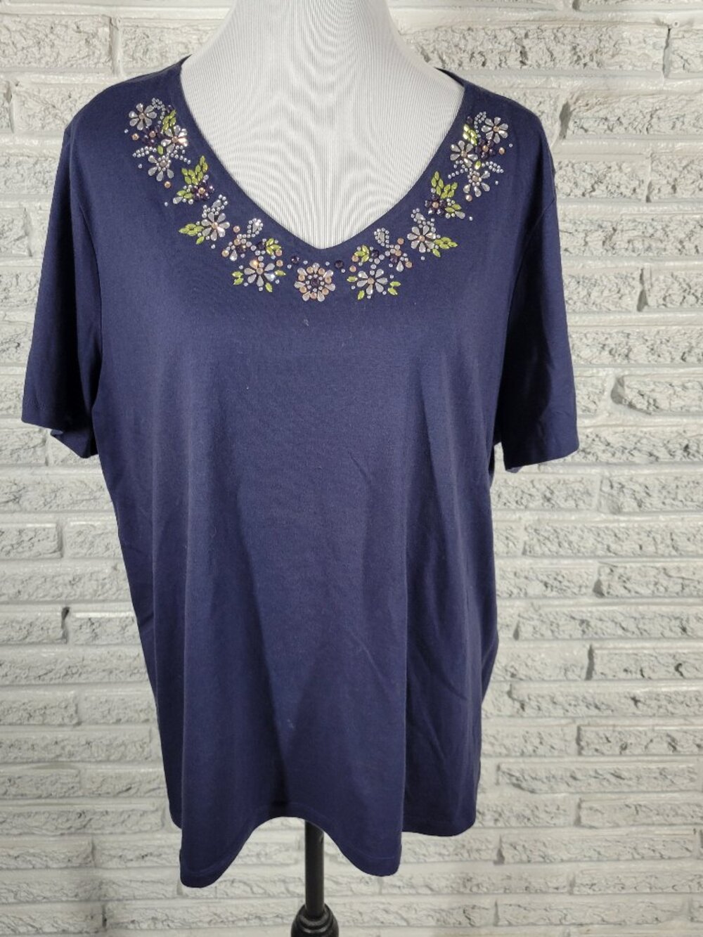 Coral Bay 2X Blue V-Neck T-Shirt Rhinestone Accent Cotton Blend BLU1XE